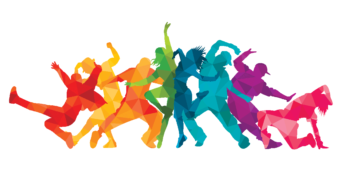 logo du site : une poignée d'individus colorés en arc en ciel. Les individus ont des postures de danse.